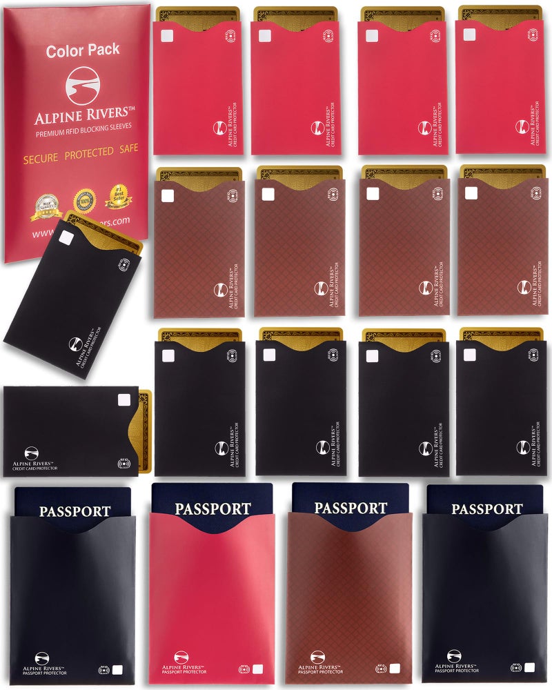 Alpine Rivers RFID Blocking Credit Card Sleeves 18-Pack â€“ 14 Multi-Color Card Protectors (All Top Loader) & 4 Passport Sleeves â€“ Slim Water-Resistant Anti-Theft Protection for Travel - Image 1