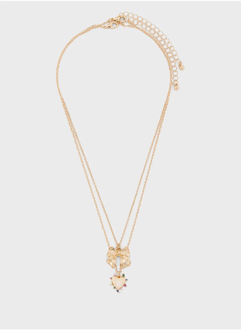 جينجر 2 Pack Heart Bow Pendant Necklace