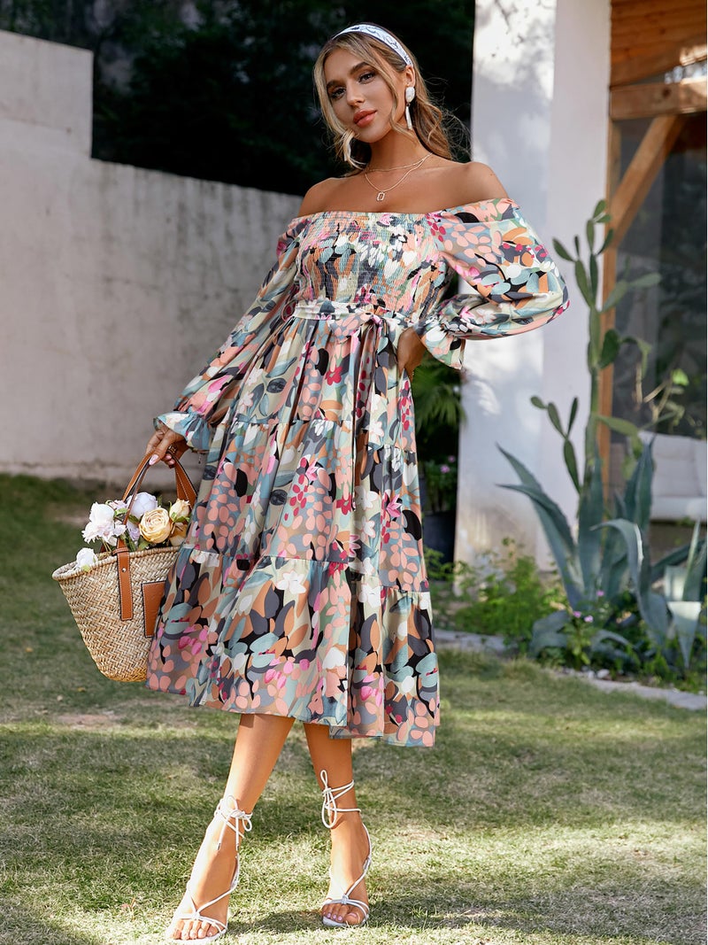 Amegoya Womens Spring Floral Long Sleeve Dress Square Neck Smocked Tiered Flowy Maxi Dresses for Wedding Guest (Green Pink XL) - Image 5