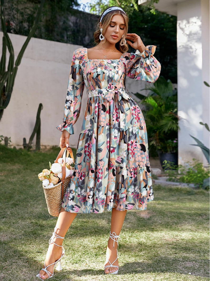 Amegoya Womens Spring Floral Long Sleeve Dress Square Neck Smocked Tiered Flowy Maxi Dresses for Wedding Guest (Green Pink XL) - Image 3