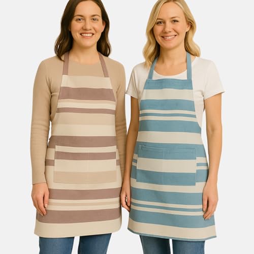 Värde 2 Pcs Unisex Cooking Aprons | Spillproof Layer | Striped Design with 2 Front Pocket & Free Size Neck Strap | Durable, Oil & Stain Resistant | Chef Apron for Cooking (Grey Olive & Lavender Mist) - Image 2