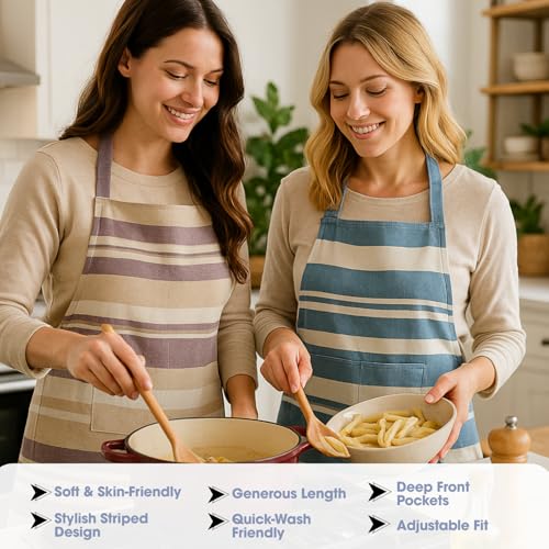 Värde 2 Pcs Unisex Cooking Aprons | Spillproof Layer | Striped Design with 2 Front Pocket & Free Size Neck Strap | Durable, Oil & Stain Resistant | Chef Apron for Cooking (Grey Olive & Lavender Mist) - Image 3