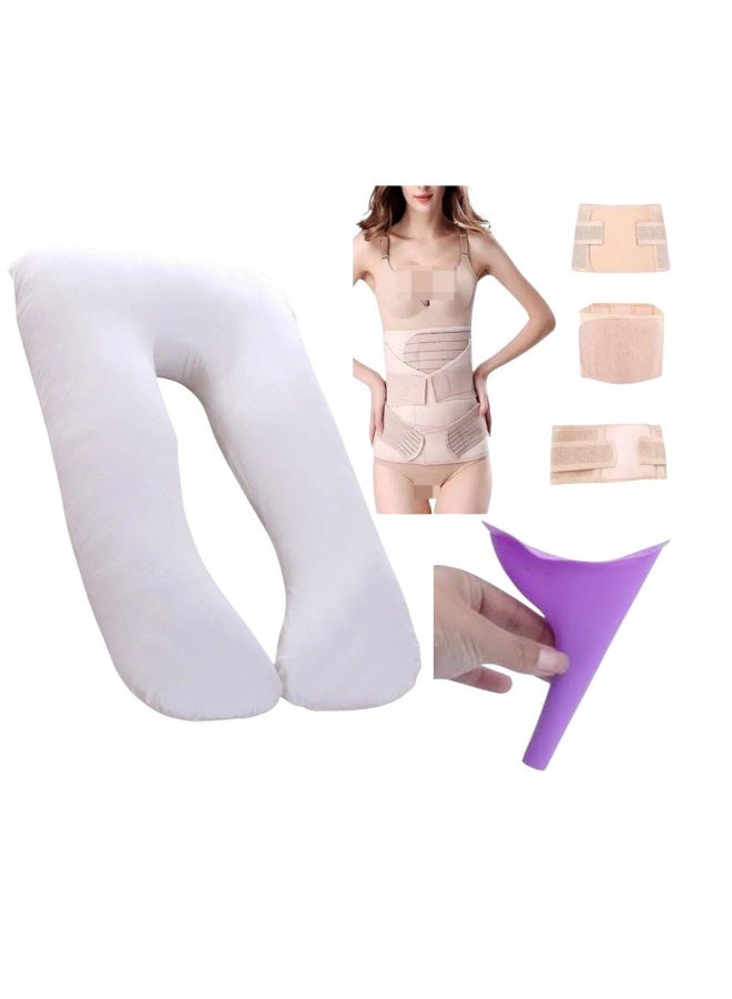 U-Shaped Maternity Sleeping Pillow + Emergency Urination Funnel Immediately After Pregnancy + 3-in-1 Belly and Back Belt Set for Recovery and Postpartum Support