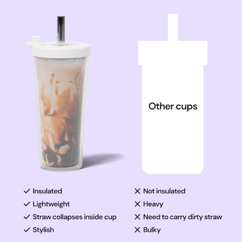 Dodoko Reusable Boba Cup with Resealable Lid Plug - 17 Oz Double Wall Insulated | Smoothie Tumbler | Wide Stainless Steel Straw For Bubble Tea, Boba Pearls - White - Image 4