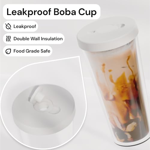 Dodoko Reusable Boba Cup with Resealable Lid Plug - 17 Oz Double Wall Insulated | Smoothie Tumbler | Wide Stainless Steel Straw For Bubble Tea, Boba Pearls - White - Image 2