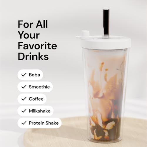 Dodoko Reusable Boba Cup with Resealable Lid Plug - 17 Oz Double Wall Insulated | Smoothie Tumbler | Wide Stainless Steel Straw For Bubble Tea, Boba Pearls - White - Image 5