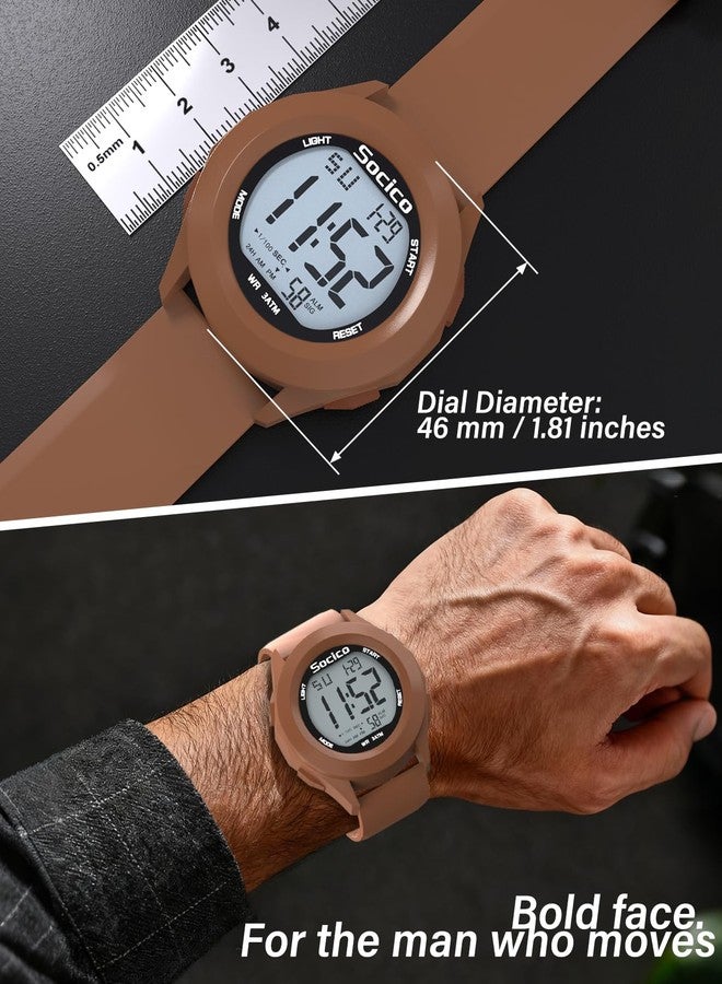 SOCICO Mens Digital Watch Sports Waterproof Outdoor Large Face Military Watches with Stopwatch Back Light Alarm Date Display, Brown - Image 2