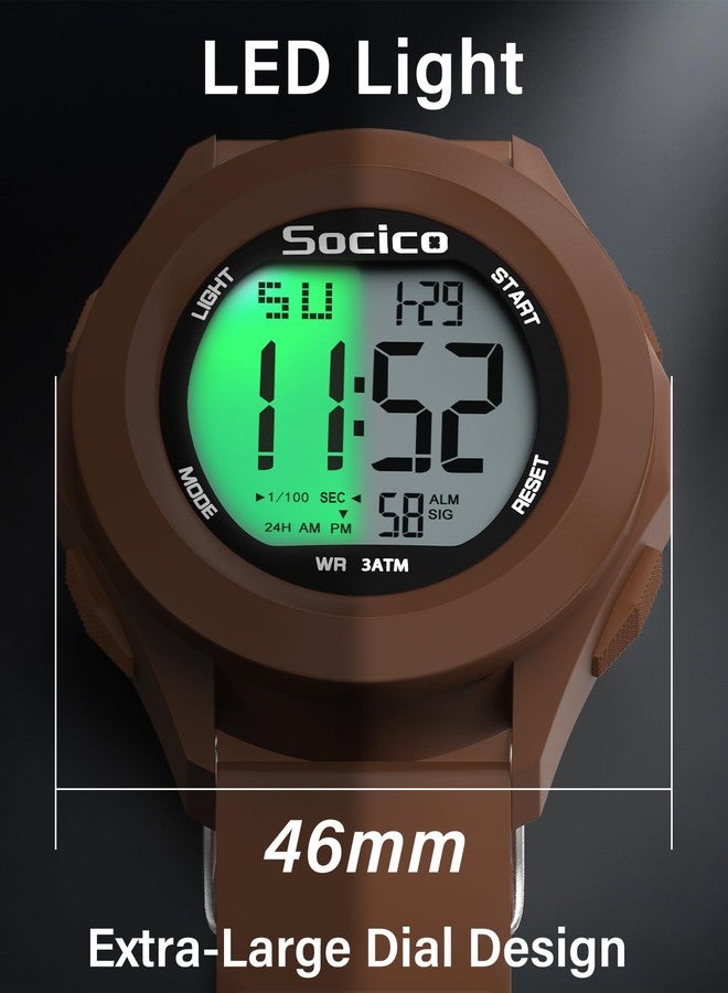 SOCICO Mens Digital Watch Sports Waterproof Outdoor Large Face Military Watches with Stopwatch Back Light Alarm Date Display, Brown - Image 4