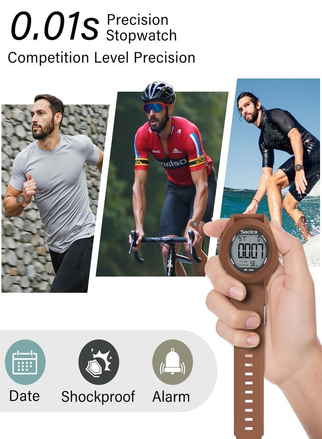 SOCICO Mens Digital Watch Sports Waterproof Outdoor Large Face Military Watches with Stopwatch Back Light Alarm Date Display, Brown - Image 5