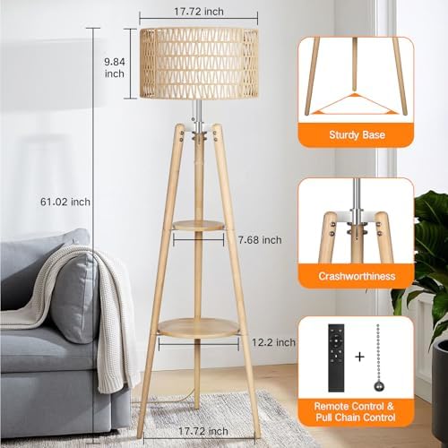 OUTON Boho Rattan Tripod Floor Lamp with Shelves, Dimmable Mid Century Modern Standing Lamp with Remote Control,Wood Tall Floor Lamps for Living Room Bedroom Office Farmhouse Bulb Included - Image 5