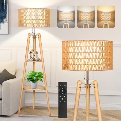 OUTON Boho Rattan Tripod Floor Lamp with Shelves, Dimmable Mid Century Modern Standing Lamp with Remote Control,Wood Tall Floor Lamps for Living Room Bedroom Office Farmhouse Bulb Included - Image 1