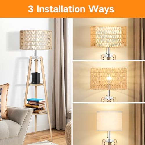 OUTON Boho Rattan Tripod Floor Lamp with Shelves, Dimmable Mid Century Modern Standing Lamp with Remote Control,Wood Tall Floor Lamps for Living Room Bedroom Office Farmhouse Bulb Included - Image 3