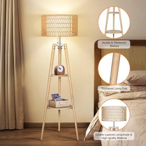 OUTON Boho Rattan Tripod Floor Lamp with Shelves, Dimmable Mid Century Modern Standing Lamp with Remote Control,Wood Tall Floor Lamps for Living Room Bedroom Office Farmhouse Bulb Included - Image 4