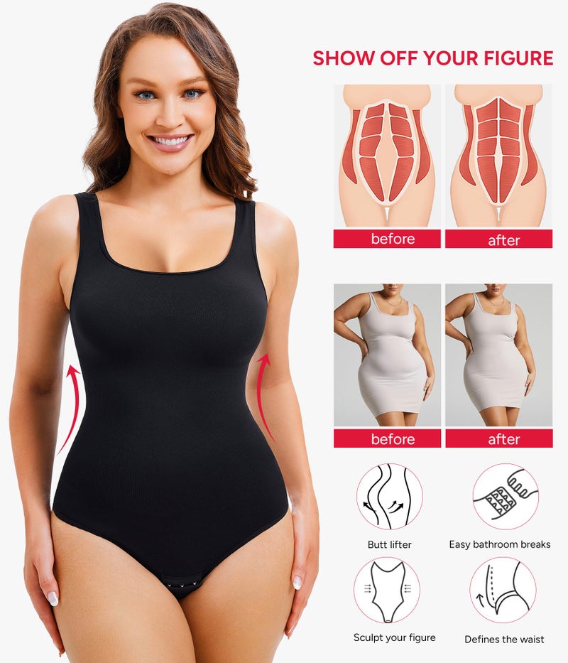Nebility Womens' Waist Trainer Seamless Round Neck Tummy Control Shapewear Bodysuit (Black Thong Bodysuit, M/L) - Image 3