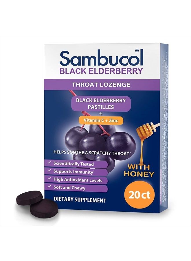 Sambucol Black Elderberry Throat Lozenge - with Honey, Vitamin C & Zinc, Elderberry Lozenges Sore Throat & Cough, Soothes Scratchy Throat, Supports Immunity, Soft & Chewy - 20 Count - Image 1