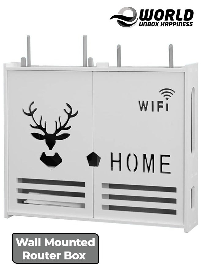 Eworld Stylish Wall-Mounted Router Rack for Wi-Fi Router, Set-Top Box, Light Cat Box, and More, Includes Doors and Patch Panel Shielding Box for Neat Storage, White. - Image 1