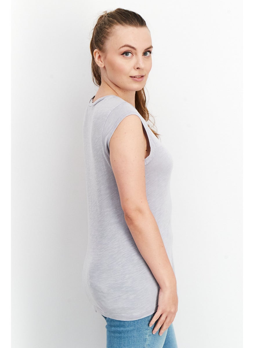 Splendid - Women Round Neck Cap Sleeves Plain T-Shirt, Lilac - Image 1