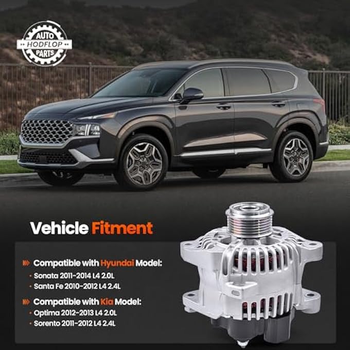 hodflop 37300-2G600 Alternator Compatible with Hyundai Sonata 2011-2014 2.0L, Santa Fe 2010-2012 2.4L, for Kia Optima 2012-2013 2.0L, Sorento 2011-2012 2.4L, 12V 110A 6-Groove Pulley, TG11C089 11493N - Image 2