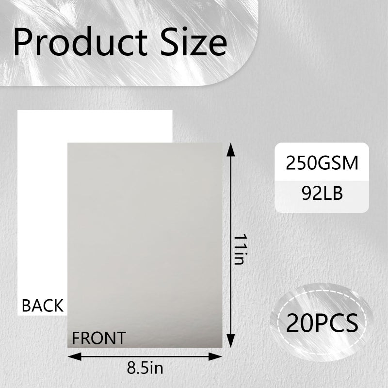 Bazyrock 20 Sheets Silver Metallic Cardstock Paper 8.5 x 11in,250GSM Mirror Finish Surface Foil Board Perfect for Crafting, Invitations & Decorations (Silver) - Image 2