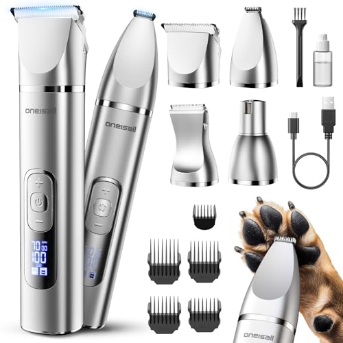 oneisall 4 in 1 Dog Grooming Kit with LCD Display Dog Hair Trimmer for Paw Nail Grinder Rechargeable Cordless Low Noise IPX7 Waterproof Pet Clippers - Image 1