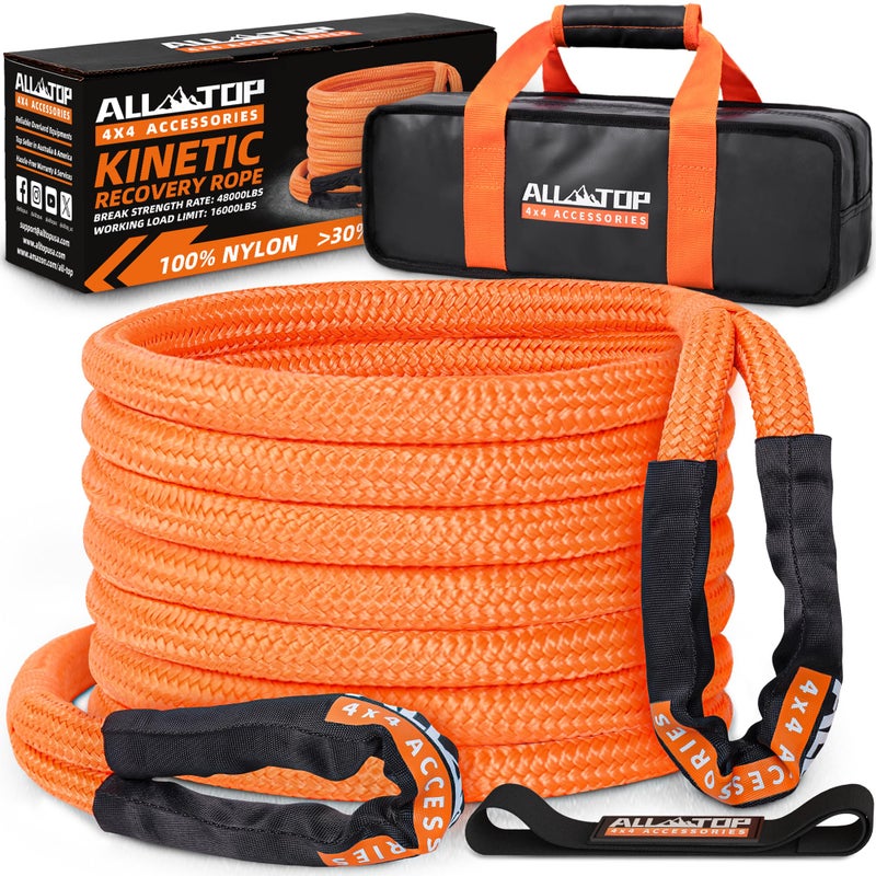 ALL-TOP حبل الاسترداد الحركي ALL-TOP، 48000 رطل، 1 بوصة × 20 قدم، ثقيل التحمل بمرونة 30+%، حد تحميل 16000 رطل لمركبات 4x4 خارج الطريق - Image 1