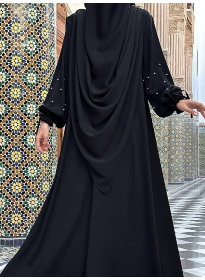 سلسلة اللؤلؤ: الشرق الأوسط اللون الصلب للنساء رداء اللؤلؤ الأكمام فستان Abaya قطعتين مجموعة الحجاب الطويل مناسبة جدا للنساء يوميا ارتداء الصيام شهر الصلاة - Image 4
