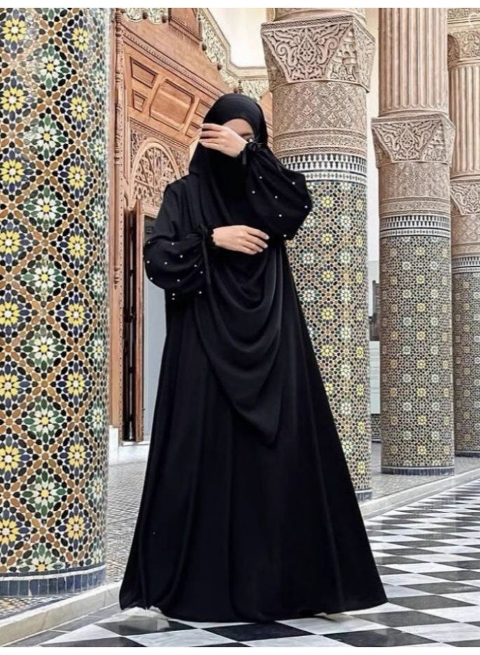 سلسلة اللؤلؤ: الشرق الأوسط اللون الصلب للنساء رداء اللؤلؤ الأكمام فستان Abaya قطعتين مجموعة الحجاب الطويل مناسبة جدا للنساء يوميا ارتداء الصيام شهر الصلاة - Image 2