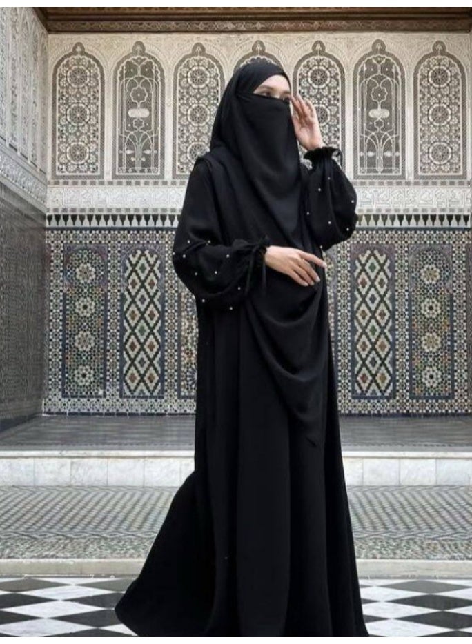 سلسلة اللؤلؤ: الشرق الأوسط اللون الصلب للنساء رداء اللؤلؤ الأكمام فستان Abaya قطعتين مجموعة الحجاب الطويل مناسبة جدا للنساء يوميا ارتداء الصيام شهر الصلاة - Image 5