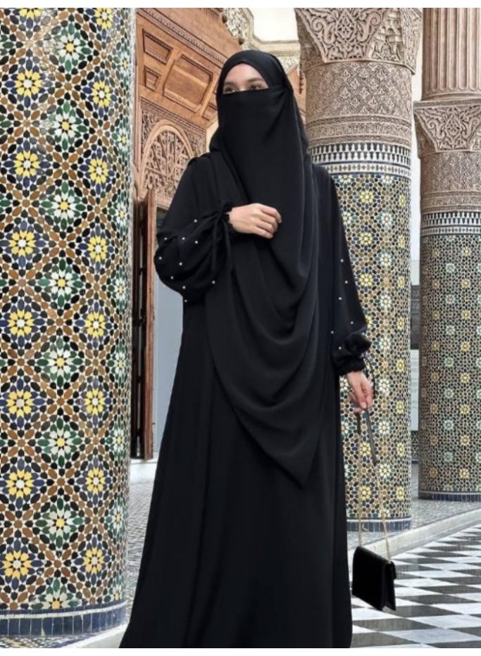 سلسلة اللؤلؤ: الشرق الأوسط اللون الصلب للنساء رداء اللؤلؤ الأكمام فستان Abaya قطعتين مجموعة الحجاب الطويل مناسبة جدا للنساء يوميا ارتداء الصيام شهر الصلاة - Image 3