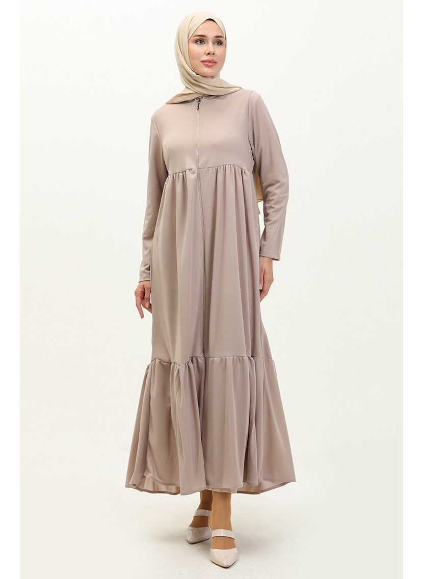 Sefa Merve - Shirred Zippered Abaya 0695-05 Beige - Image 1