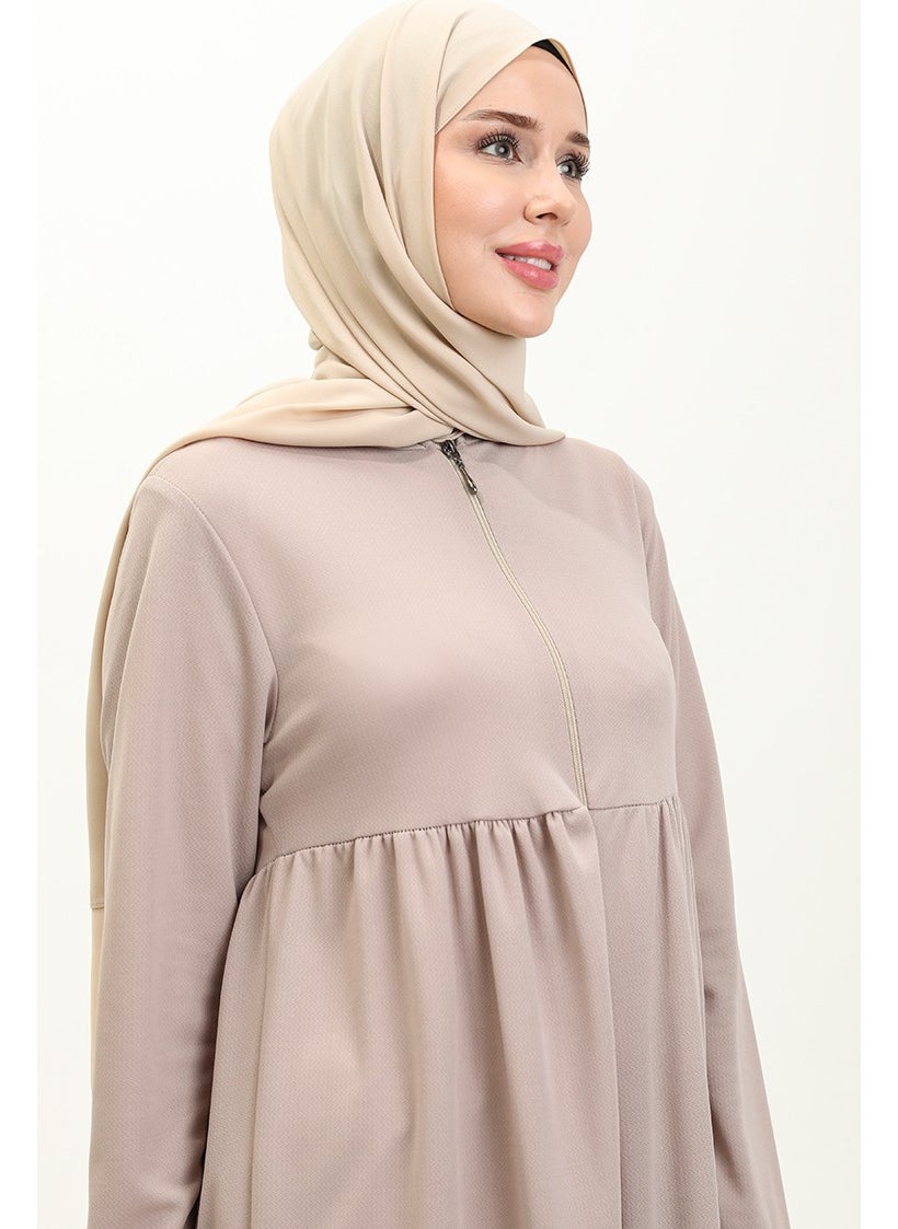 Sefa Merve - Shirred Zippered Abaya 0695-05 Beige - Image 1