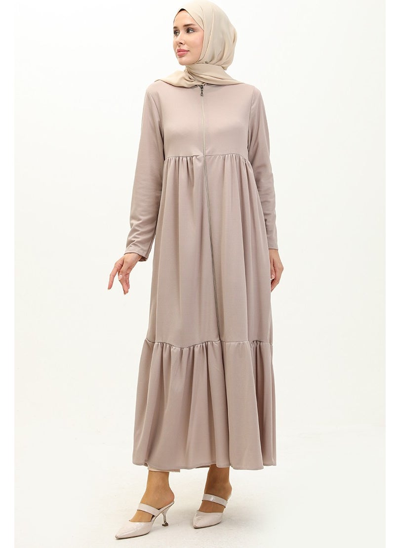 Sefa Merve - Shirred Zippered Abaya 0695-05 Beige - Image 1
