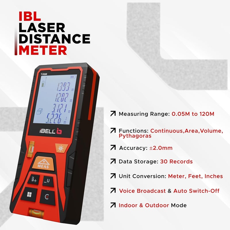 DM120-02 Laser Distance Meter 120M | Indoor & Outdoor | Max/Min, Continuous, Area, Volume, Pythagoras | Unit Conversion | 30 Data Records | Voice | Auto Off | Battery Included | Home & Professio - Image 2