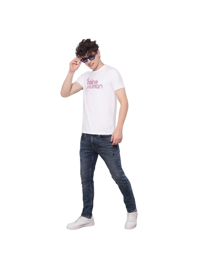 بيينغ هيومان Mens White Round Neck Short Sleeve T-Shirt