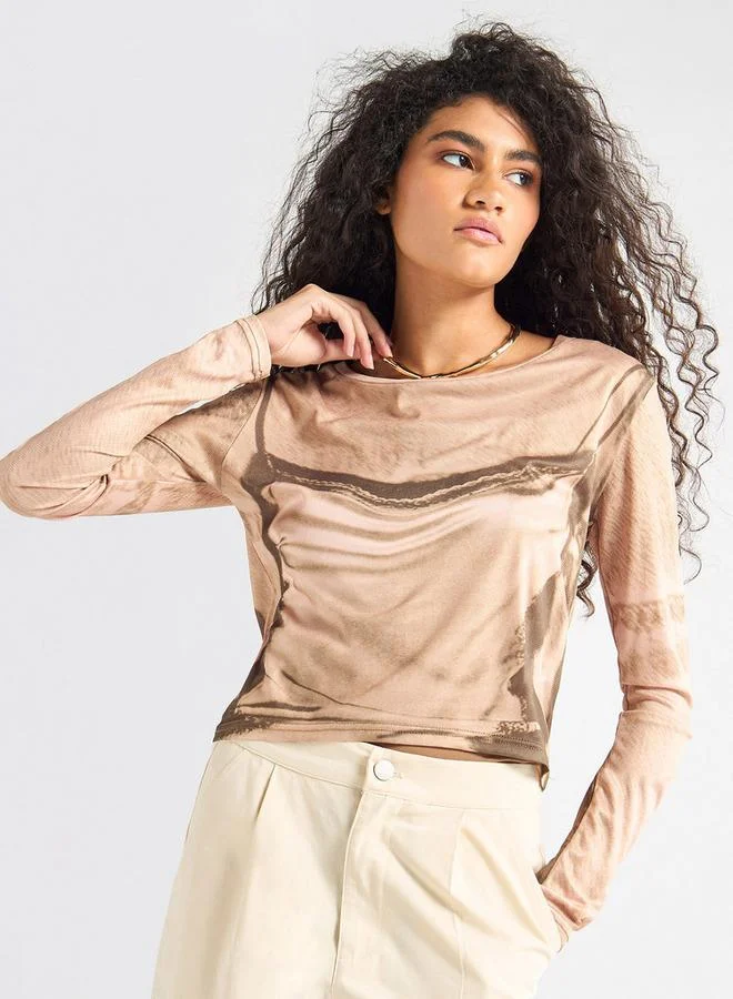 Splash FAV Printed Crew Neck T-shirt with Long Sleeves