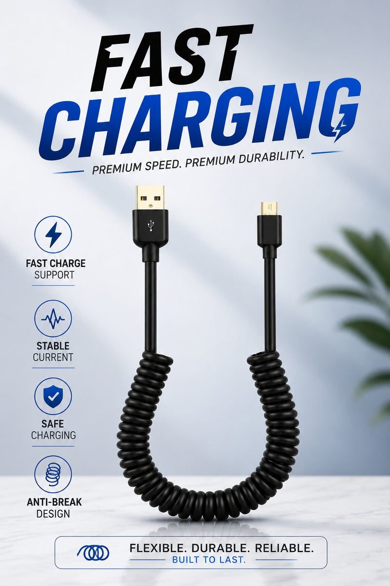 كابل USB إلى Micro USB حلزوني للشحن السريع، كابل شحن مرن ممتاز مقاوم للكسر والتشابك لأجهزة أندرويد - Image 1