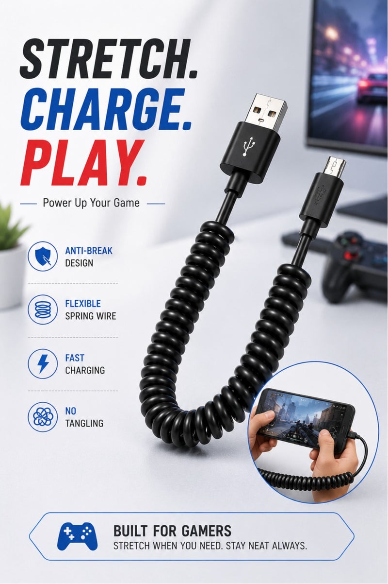كابل USB إلى Micro USB حلزوني للشحن السريع، كابل شحن مرن ممتاز مقاوم للكسر والتشابك لأجهزة أندرويد - Image 2
