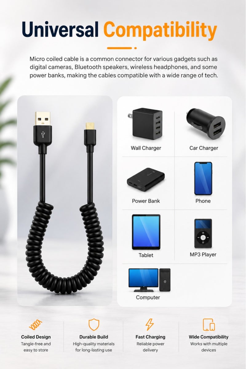 كابل USB إلى Micro USB حلزوني للشحن السريع، كابل شحن مرن ممتاز مقاوم للكسر والتشابك لأجهزة أندرويد - Image 4