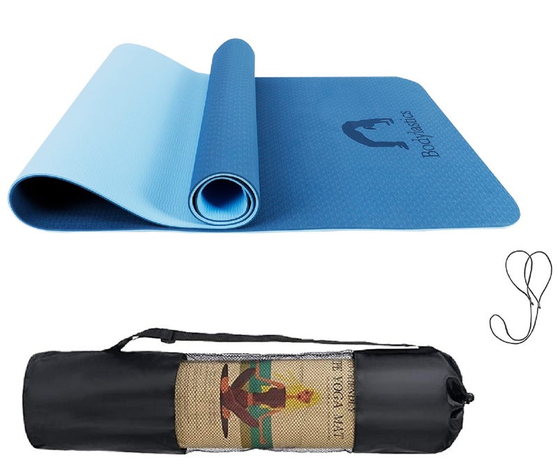 Bodylastics Yoga Mat for Men and Women with Carry Bag TPE 6ft x 2ft x 6mm Large Size Anti Slip & Anti Tear Workout Mat (Blue/Blue) - Image 1