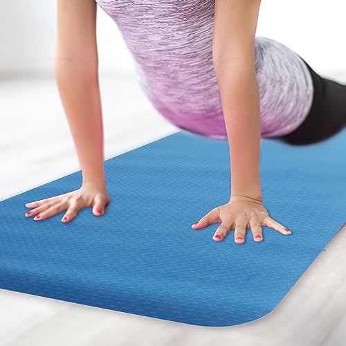 Bodylastics Yoga Mat for Men and Women with Carry Bag TPE 6ft x 2ft x 6mm Large Size Anti Slip & Anti Tear Workout Mat (Blue/Blue) - Image 2
