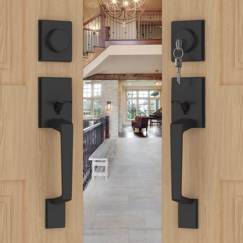 Goldenwarm Double Front Door Lock Set Black Double Door Handle Set Matte Black Double Door Handle with Dummy Modern Double Front Door Hardware Set with Reversible Handle Lever