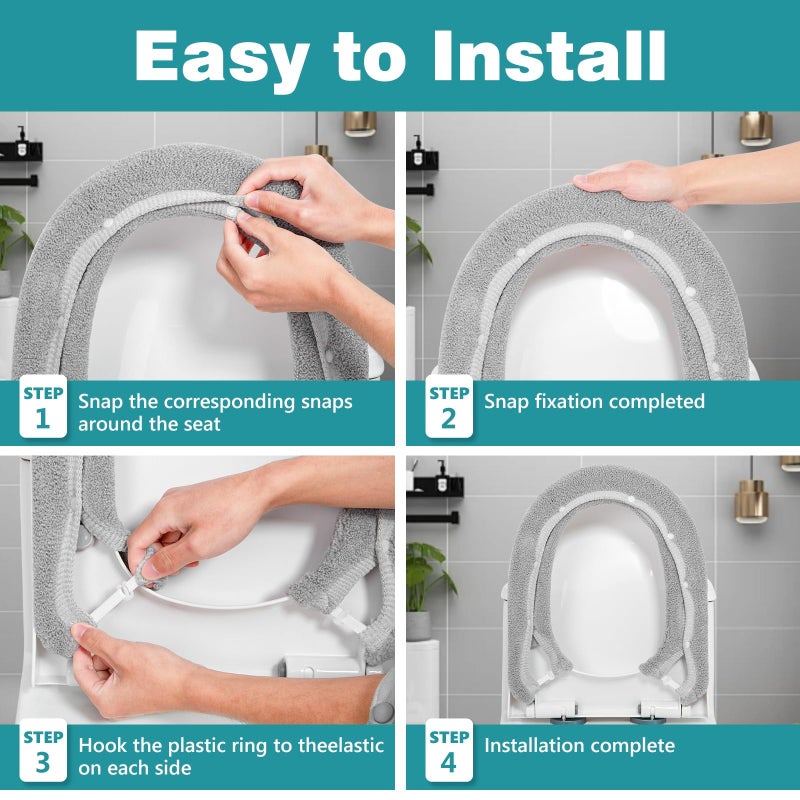 AZHCHKE Toilet Seat Cover with Snaps Fixed, Thicker Soft Toilet Seat Warmer Cover for Bathroom, Washable Stretchable Toilet Seat Covers, Fits Most Round, Oval and Elongated Toilet Seat, Light Gray - Image 5