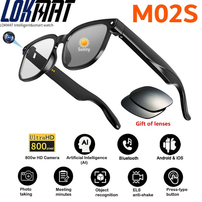 لقمات إلكترونيات Lokmat M02S Smart Glasses, 8MP Camera Video Recording, Meeting Recording, HD Bluetooth Calls and Voice Assistant, Matte Black - Image 1