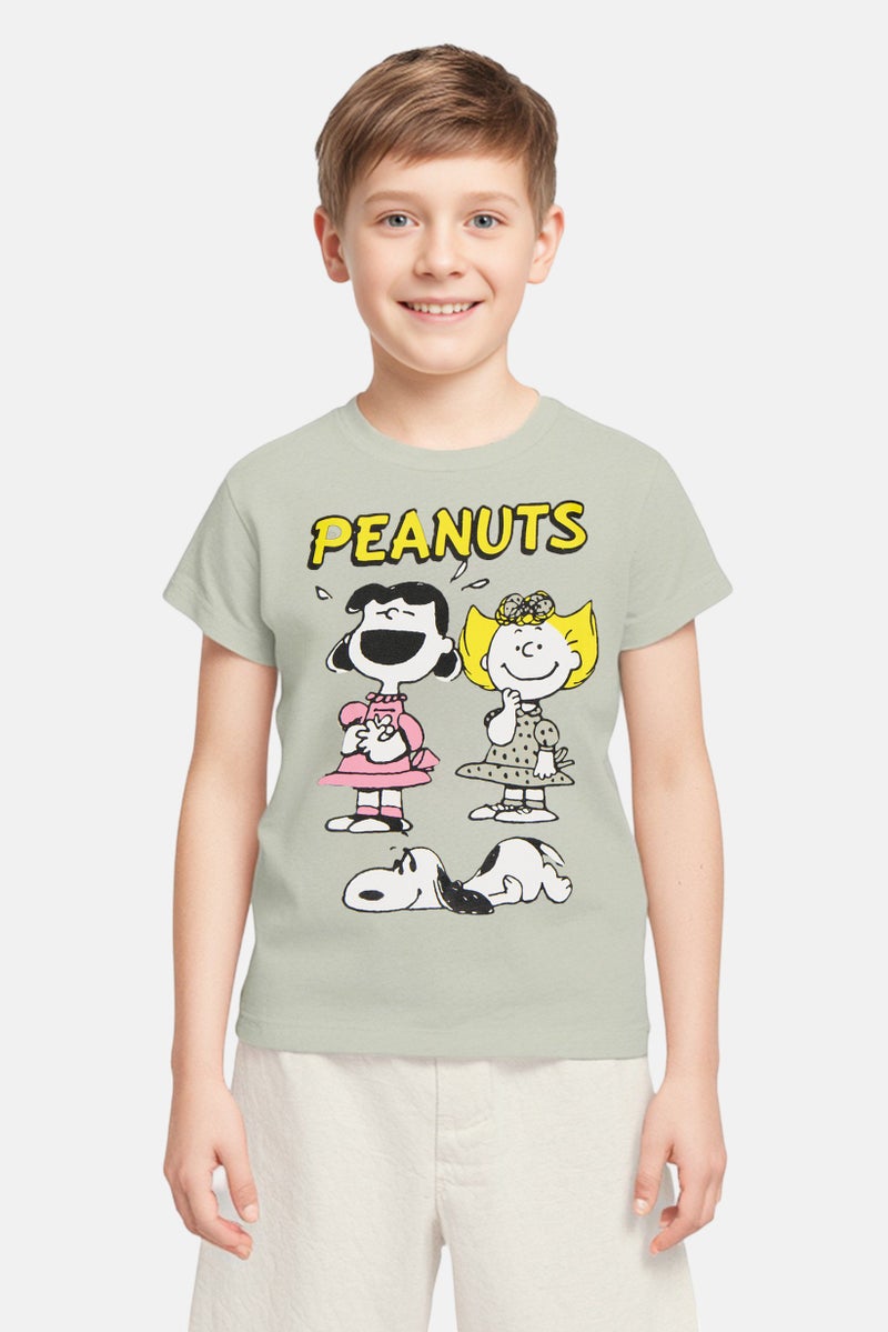 Peanuts Kids Boy Graphic Print Short Sleeve T-Shirt, Sage Green - Image 1