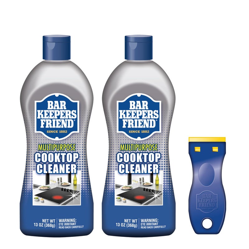 Bar Keepers Friend Cooktop Cleaner (2 x13 oz) + Scraper - Multipurpose Liquid Stovetop Cleanser, Safe for Use on Glass & Ceramic Cooking Surfaces, Copper, Brass, Chrome, Stainless Steel & Porcelain - Image 1