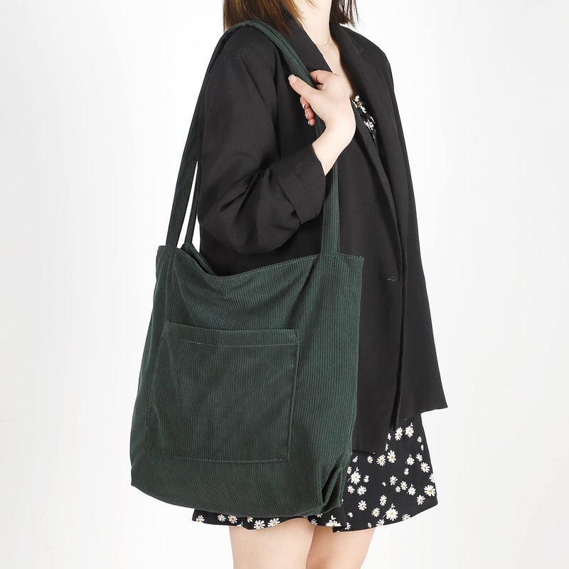 WantGor Women Corduroy Tote Bag, Large Shoulder Hobo Bags Casual Handbags Big Capacity Shopping Work Bag (Dark Green) - Image 5