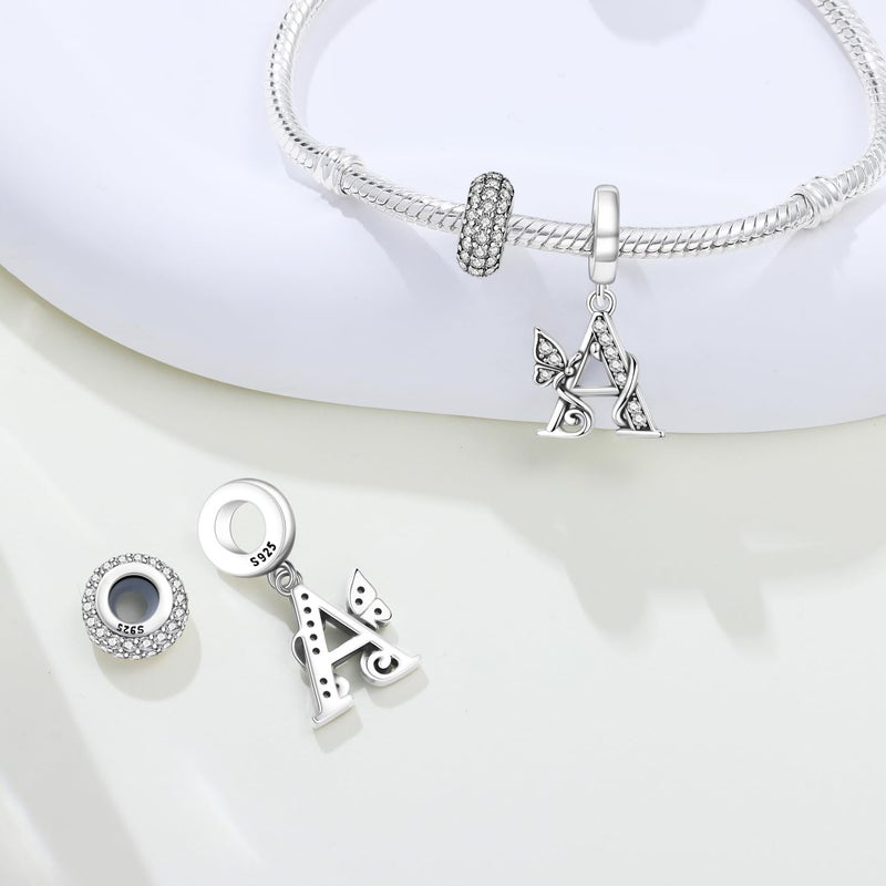 PANPOKI 2 Pack 925 Sterling Silver Butterfly Letter Charms for Bracelets and Necklace Alphabet Dangle Pendants Round Spacer Beads Pave Cubic Zirconia Jewelry Gift for Women (A Set) - Image 2