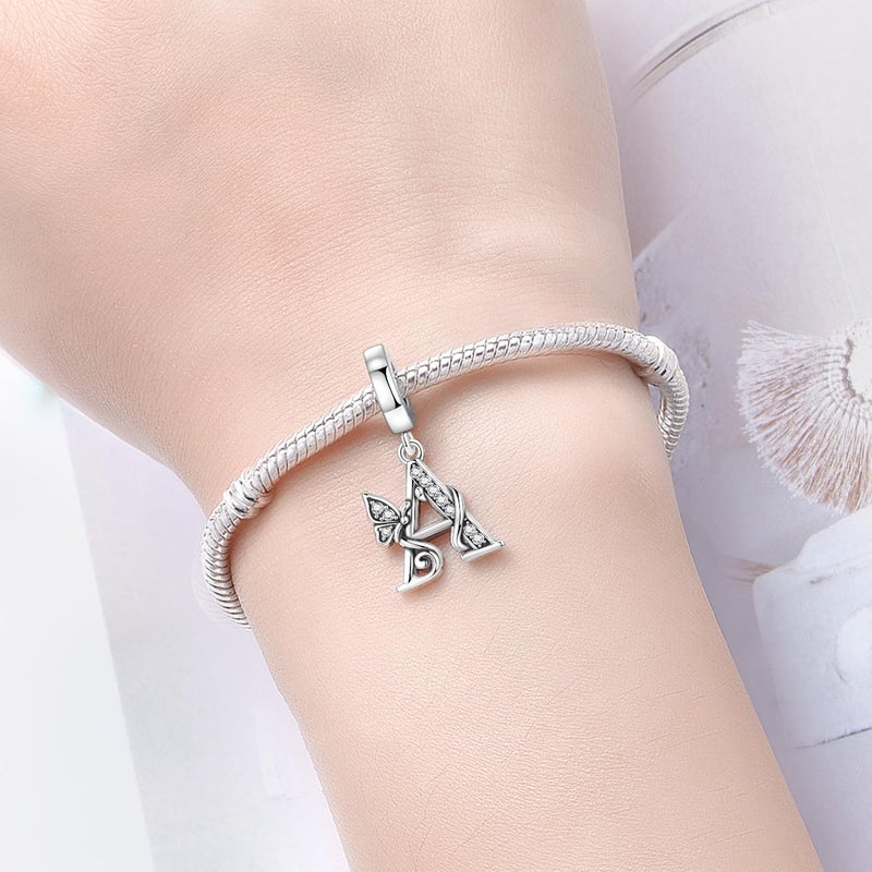 PANPOKI 2 Pack 925 Sterling Silver Butterfly Letter Charms for Bracelets and Necklace Alphabet Dangle Pendants Round Spacer Beads Pave Cubic Zirconia Jewelry Gift for Women (A Set) - Image 3