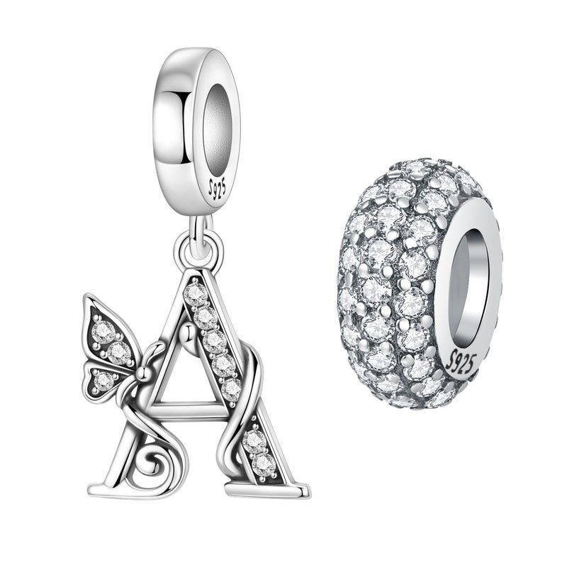 PANPOKI 2 Pack 925 Sterling Silver Butterfly Letter Charms for Bracelets and Necklace Alphabet Dangle Pendants Round Spacer Beads Pave Cubic Zirconia Jewelry Gift for Women (A Set) - Image 1