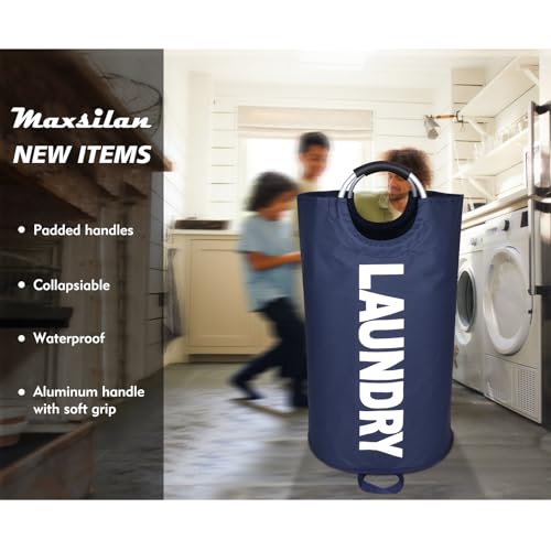 Maxsilan 90L Large Laundry Basket Freestanding Tall Clothes Hamper Collapsible Laundry Bag Dark Blue - Image 3